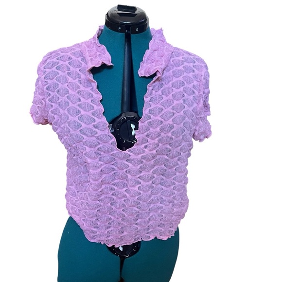 Free People Pink Bubble V Neck Short Sleeve Collared Ruffled Crop - Picture 1 of 3